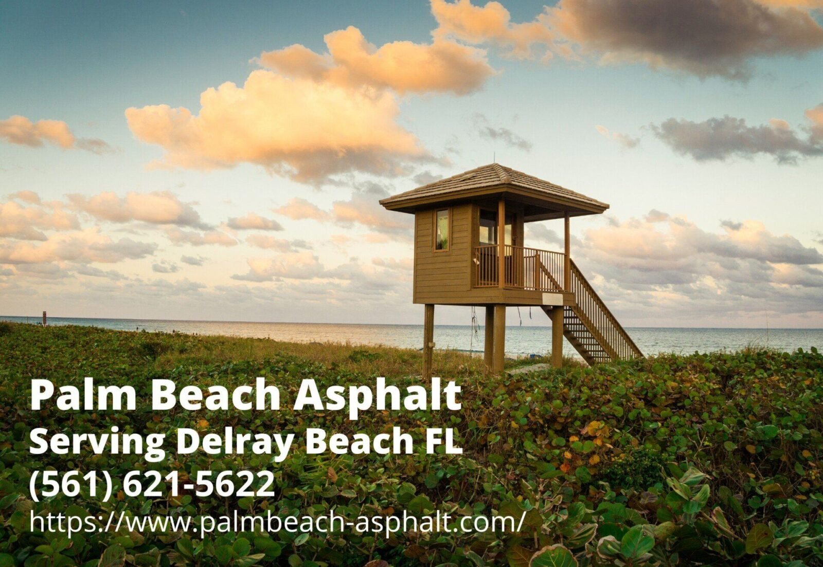 view of Delray Beach when the sun sets with contact details of Palm Beach Asphalt in full display