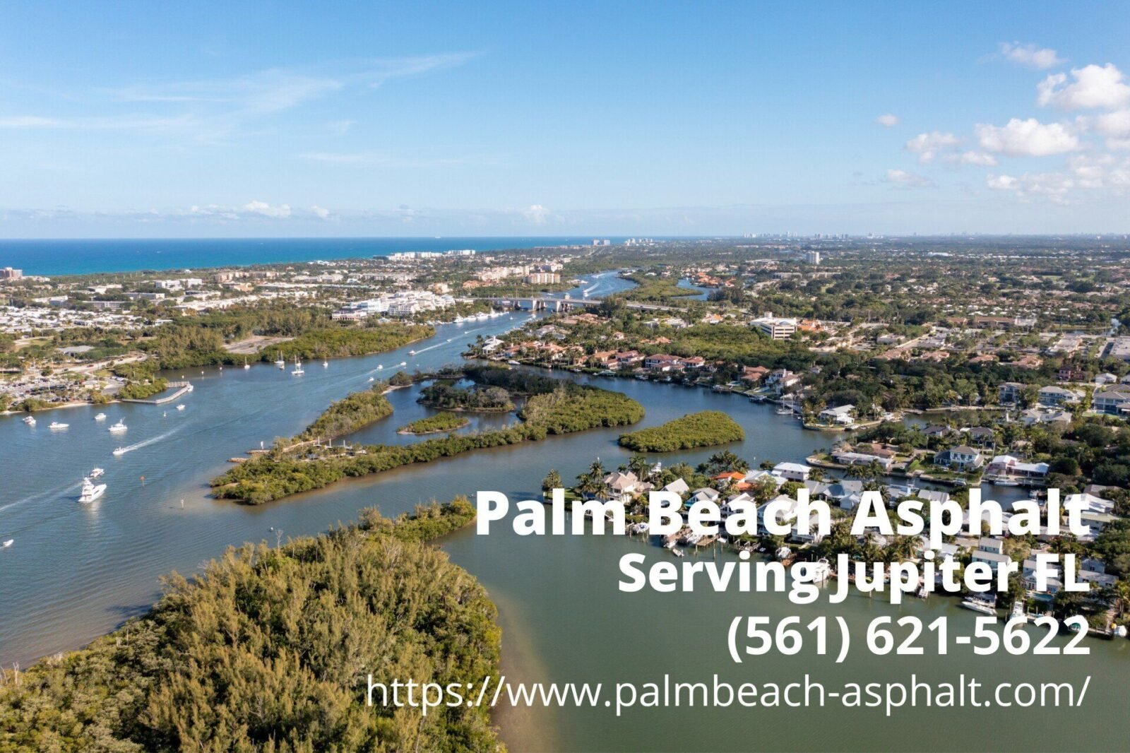 aerial view of Jupiter FL with the business info of Palm Beach Asphalt